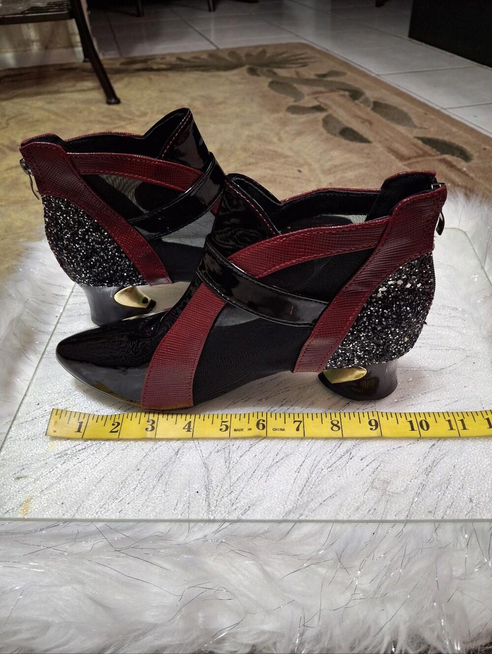 Women Black/Burgundy Mesh Ankle Booties Embellish Buckle Sculpted Heel Size 7.5 - Picture 16 of 16
